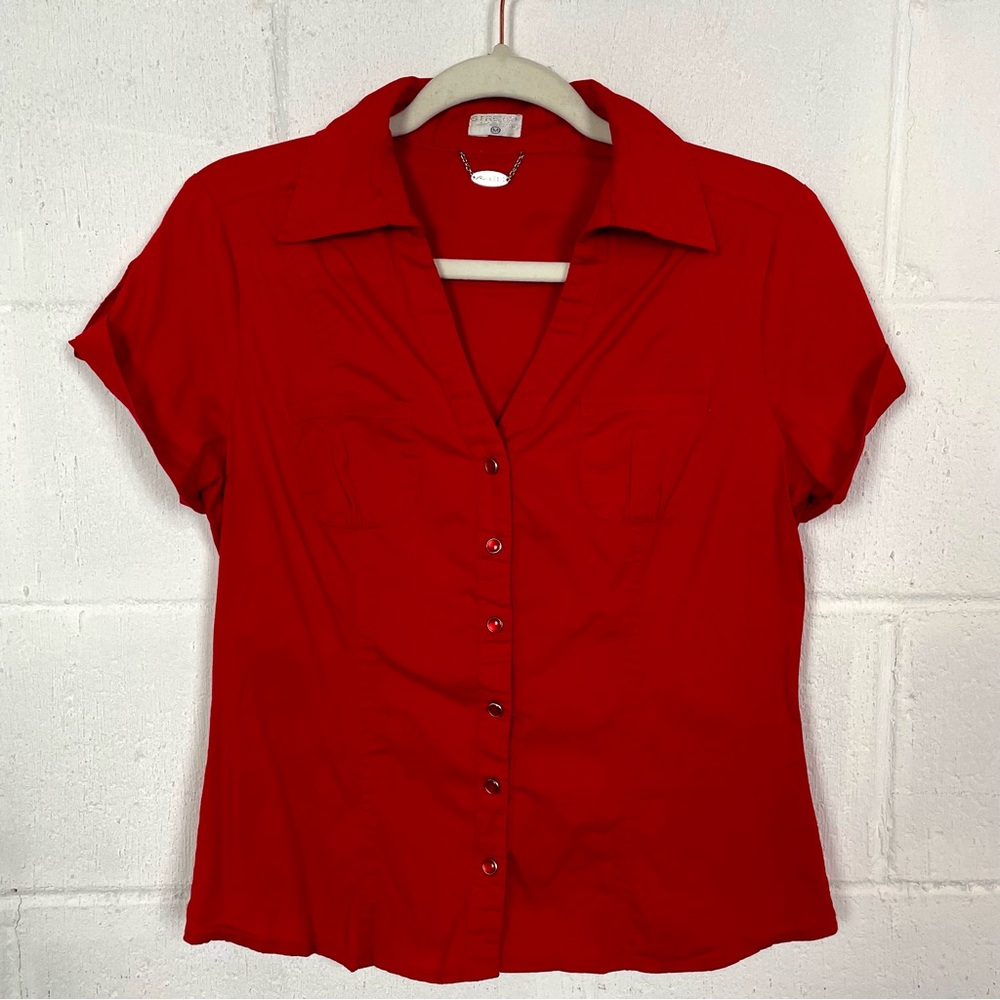 Ali & Kris Red Y2K Top Snap Front Collar Deep V-Neck Fitted Preppy Retro M‎
